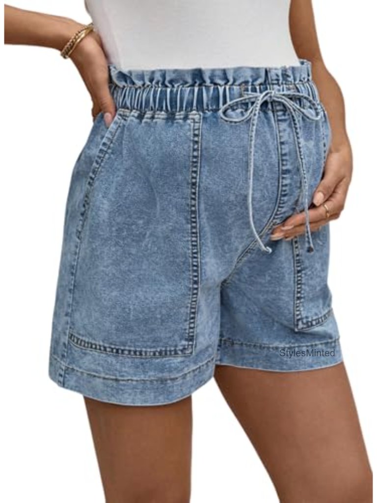 High Rise Stretchy Drawstring Maternity Jean Shorts With Pockets